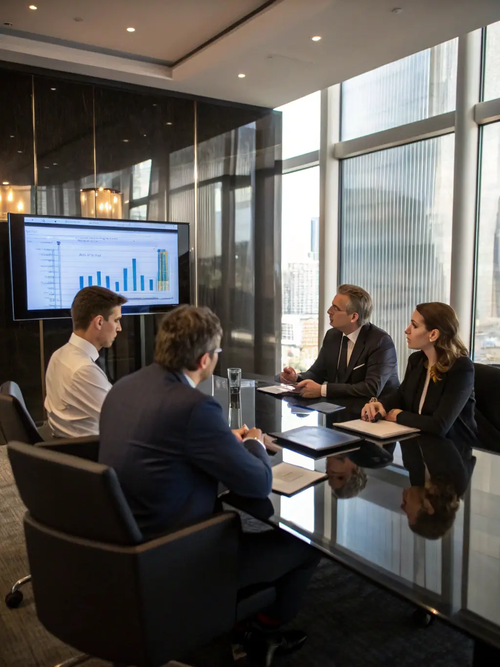 A group of executives in a boardroom discussing insurance strategies, representing Henderson Insurance's experience serving listed companies.