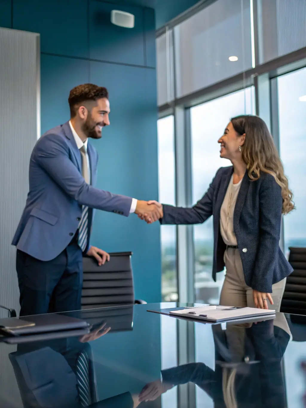 A photo of a small business owner shaking hands with a client in a modern office setting, representing Henderson Insurance's focus on SME insurance.
